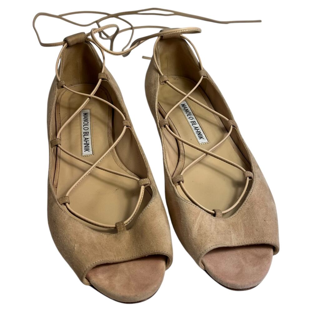 Manolo Blahnik Lace Up Espadrille Flats Peep Toe Suede Nude Size 6 / 36.5 Italy